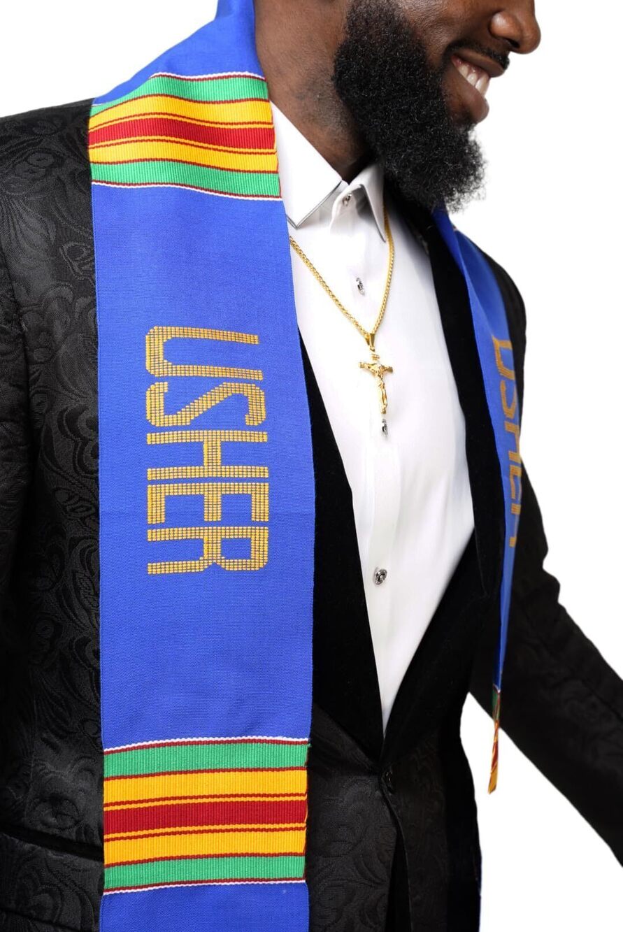 4657 Usher Hand-woven Kente Cloth Stole/Sash. Blue